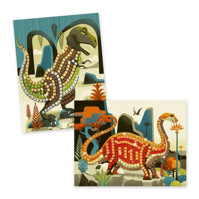 Two stylized dinosaur illustrations with colorful mosaic-like patterns on their bodies.