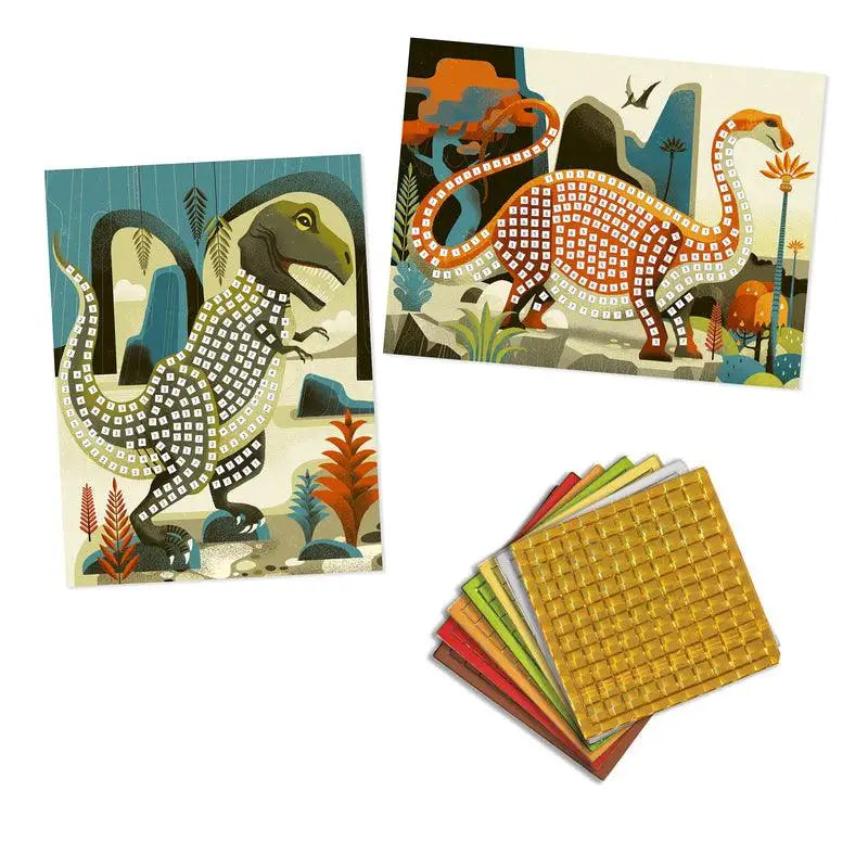 Dinosaur-themed mosaic craft kit with colorful sticker sheets and illustrated dinosaur cards.