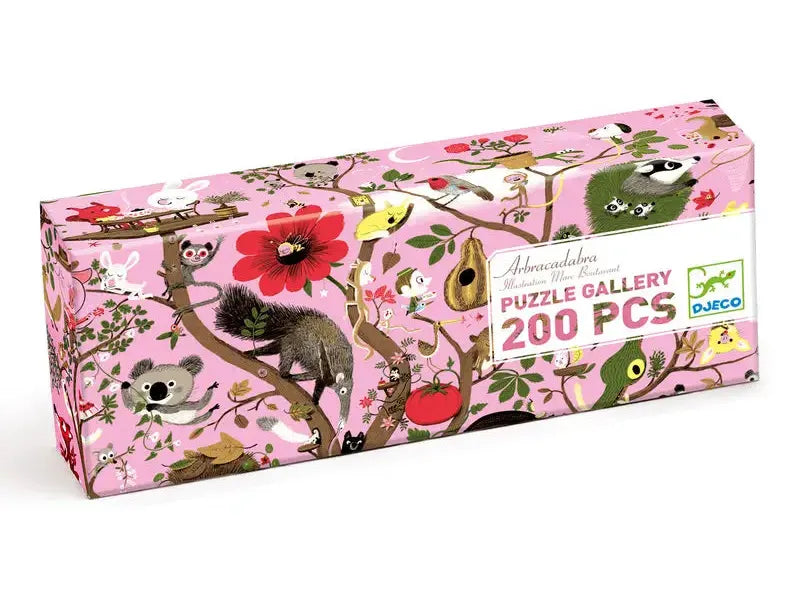 Pink puzzle box with animal illustrations.