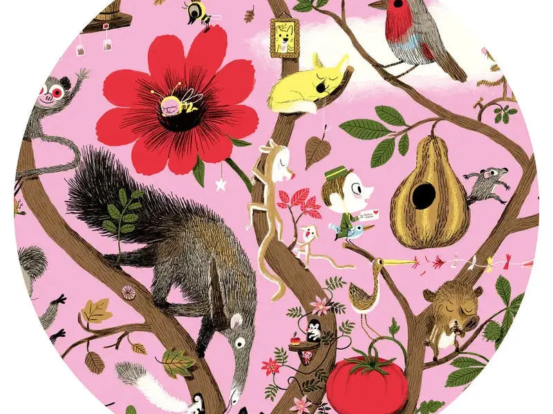 Whimsical tree scene with various animals.
