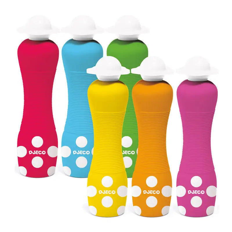 Colorful plastic water bottles with polka dot patterns and white caps.