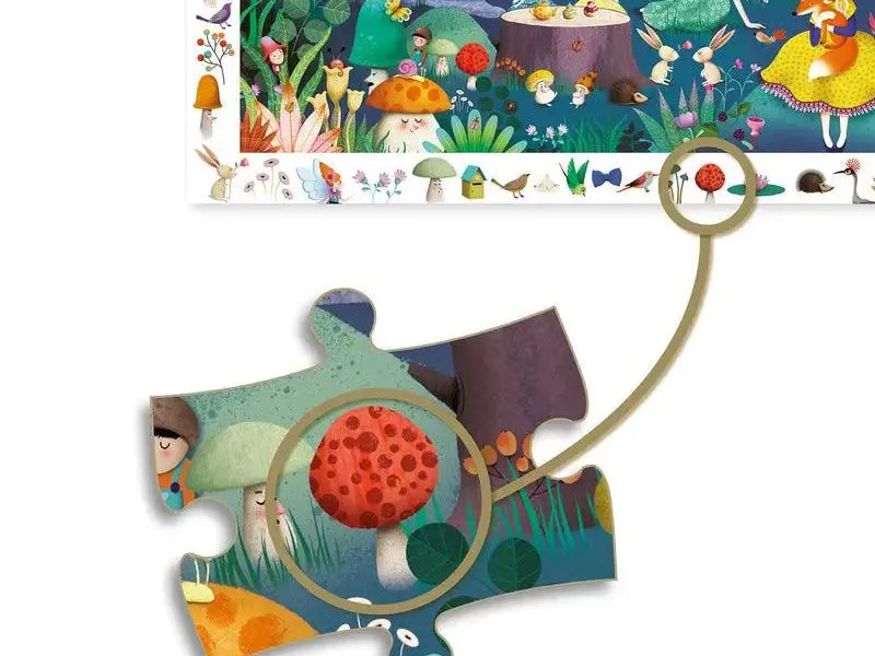 Puzzle piece with a magnifying glass highlighting a red mushroom.