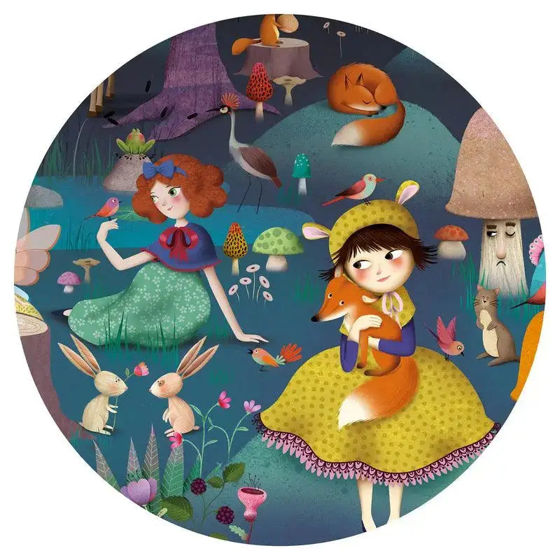 Circular illustration depicting a whimsical forest scene with fairy tale characters and animals.