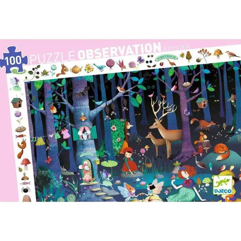 Colorful puzzle observation game depicting a whimsical forest scene with various animals and magical creatures.