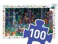 Colorful forest scene jigsaw puzzle with a blue puzzle piece indicating 100 pieces.