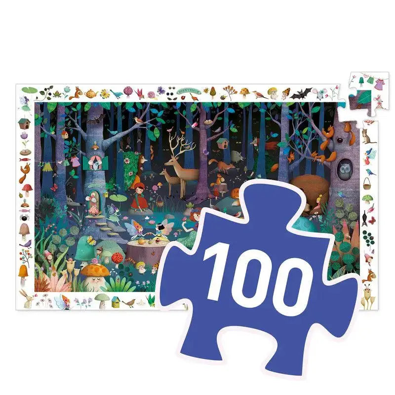 Colorful forest scene jigsaw puzzle with a blue puzzle piece indicating 100 pieces.