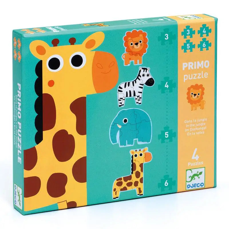 Colorful children’s puzzle box featuring cartoon jungle animals.