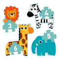 Cartoon animal puzzle pieces featuring a lion, zebra, giraffe, and elephant with numbers.