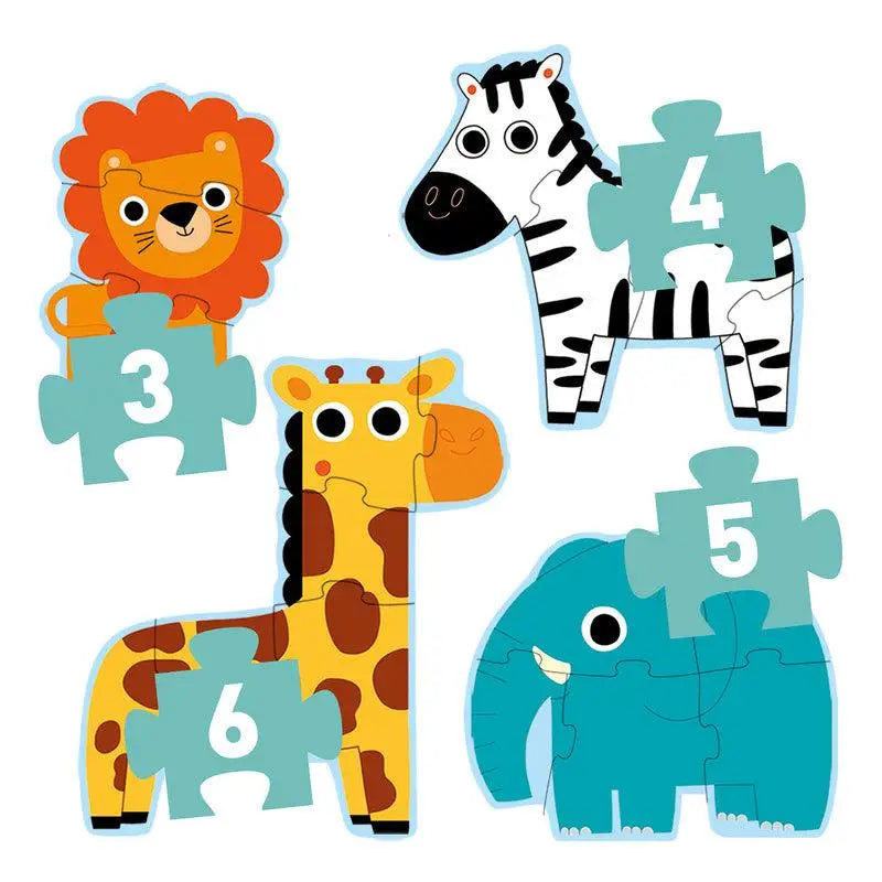 Cartoon animal puzzle pieces featuring a lion, zebra, giraffe, and elephant with numbers.