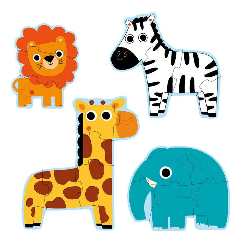 Cartoon illustrations of four safari animals: a lion, zebra, giraffe, and elephant.