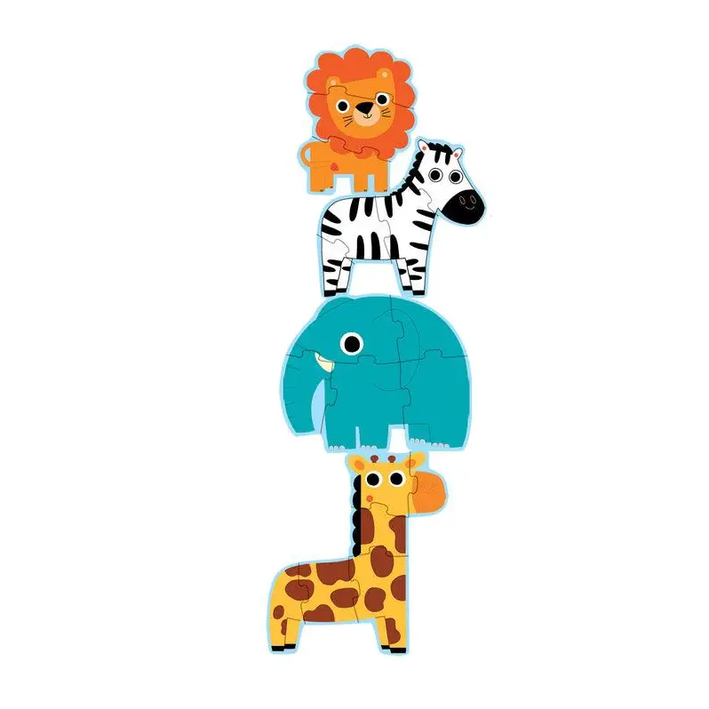 Stack of cartoon safari animals including a lion, zebra, elephant, and giraffe.