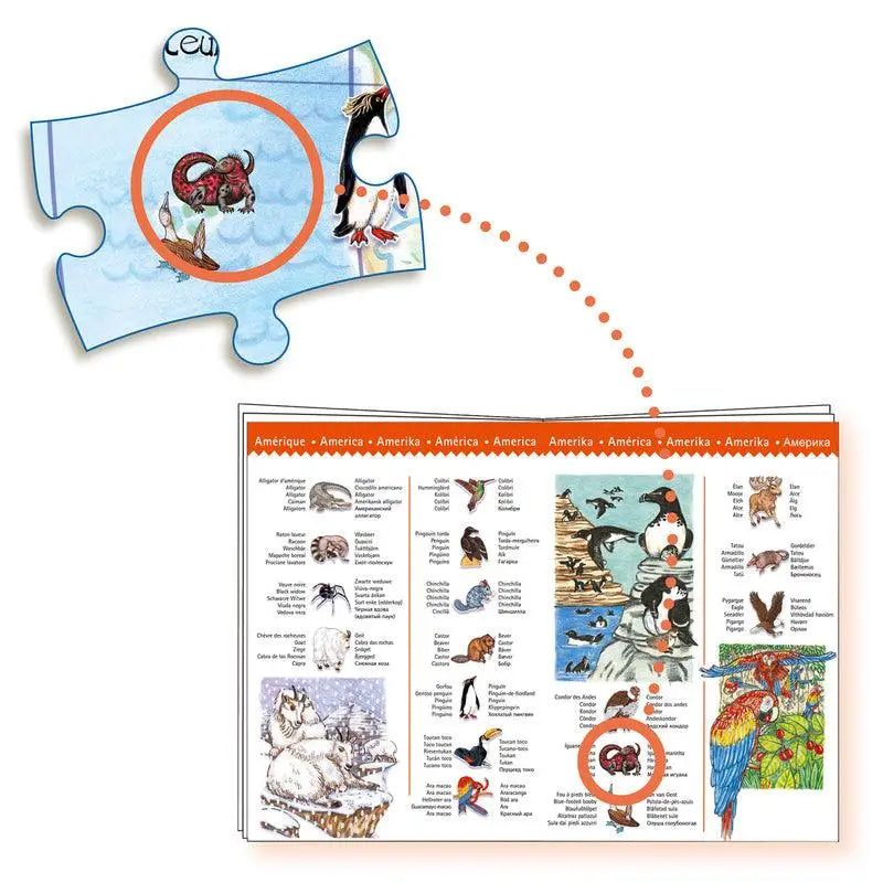 Puzzle piece with a cartoon animal illustration connected to a chart of various animal species.