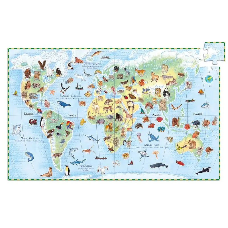 World map with illustrated animals and landmarks representing different regions and continents.