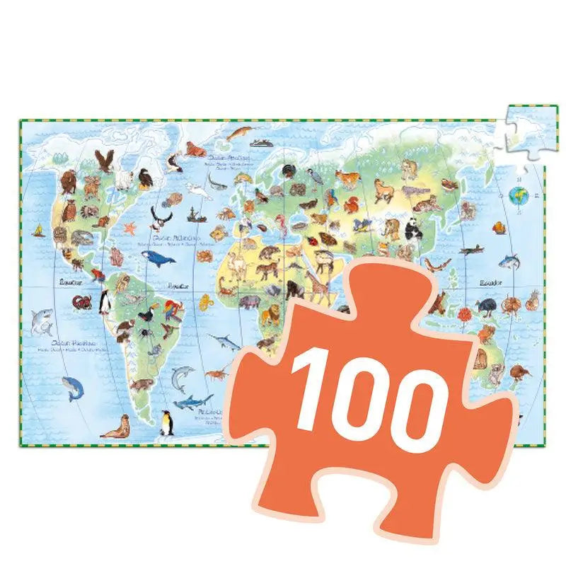 World map puzzle with animals and a large orange puzzle piece labeled ’100’’.