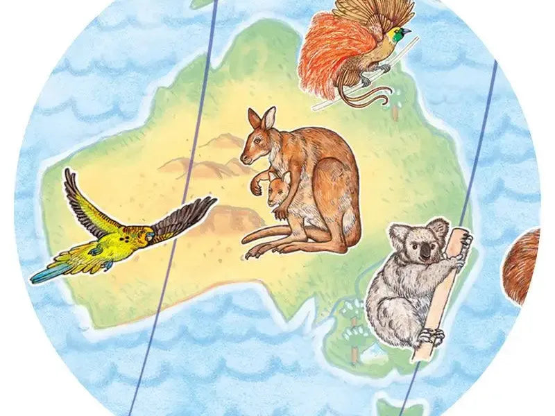 Circular illustration of Australia featuring native animals like a kangaroo, koala, and colorful birds.