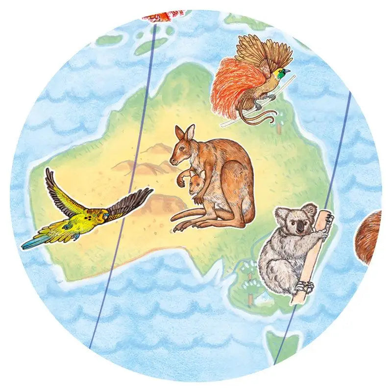 Circular illustration of Australia featuring native animals like a kangaroo, koala, and colorful birds.