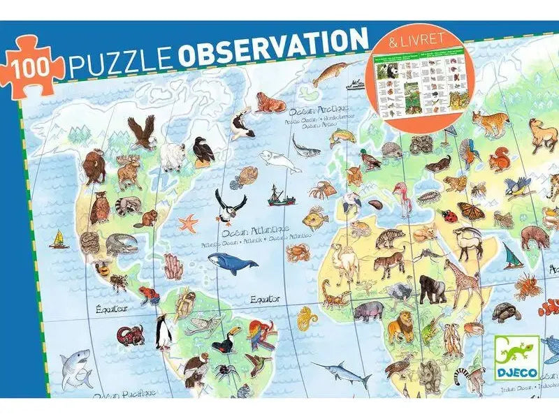 Colorful world map puzzle featuring various animals in their geographic habitats.