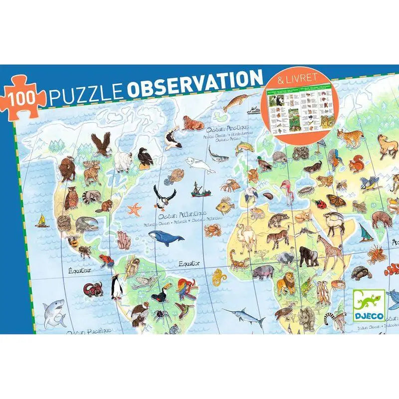 Colorful world map puzzle featuring various animals in their geographic habitats.