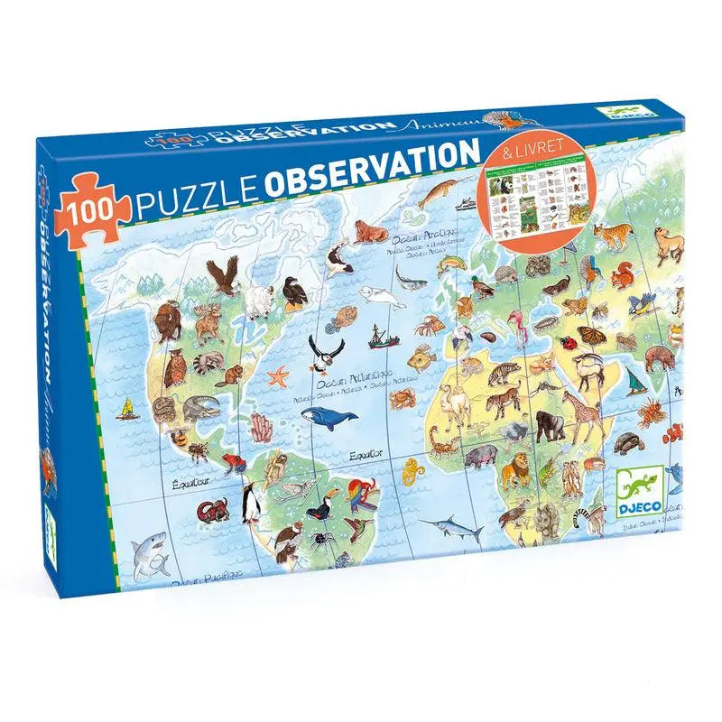 Puzzle observation game featuring a world map with animals and nature elements.