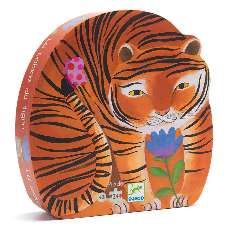 Colorful tiger-shaped puzzle box with floral decorations.