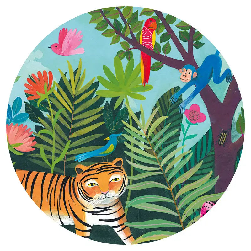 Tiger surrounded by colorful jungle foliage and animals.