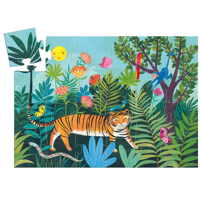 Colorful jigsaw puzzle depicting a vibrant jungle scene with a tiger.