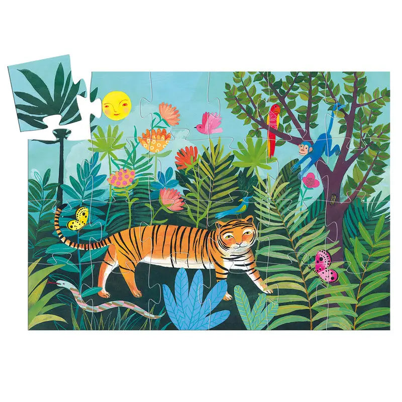 Colorful jigsaw puzzle depicting a vibrant jungle scene with a tiger.