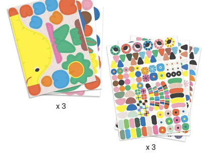 Colorful sticker sheets featuring various shapes, patterns, and designs.