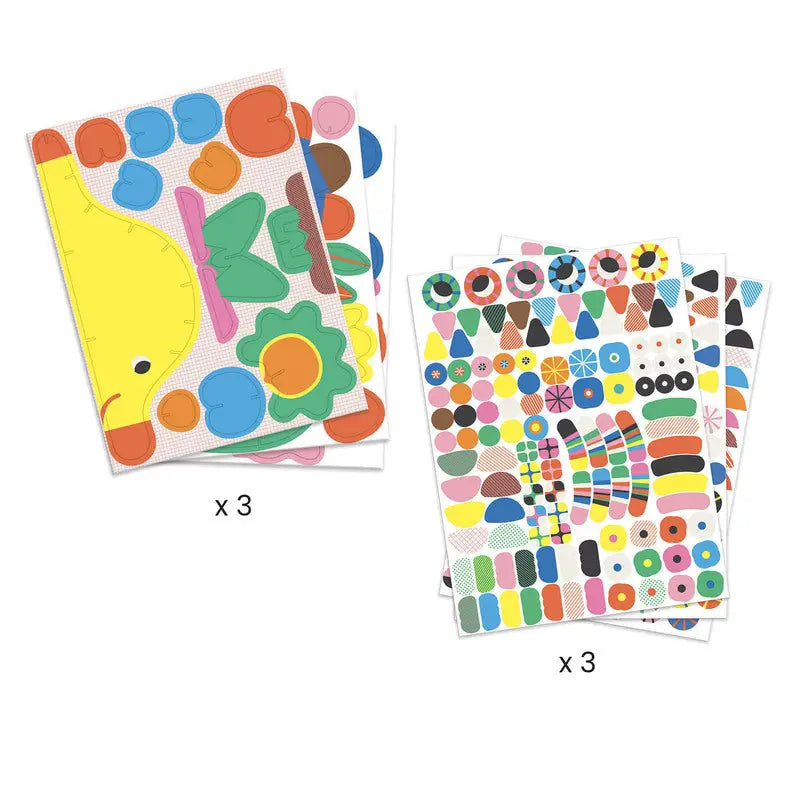 Colorful sticker sheets featuring various shapes, patterns, and designs.