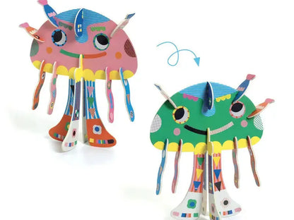 Colorful, whimsical monster-like figurines with multiple eyes and tentacle-like appendages.