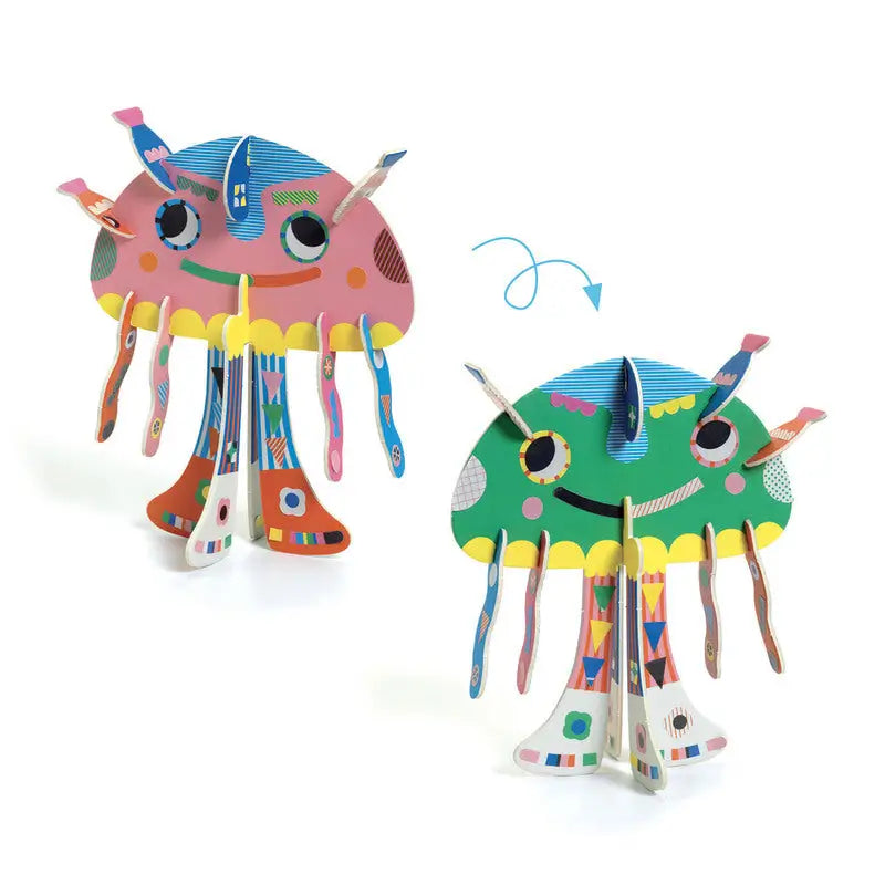 Colorful, whimsical monster-like figurines with multiple eyes and tentacle-like appendages.