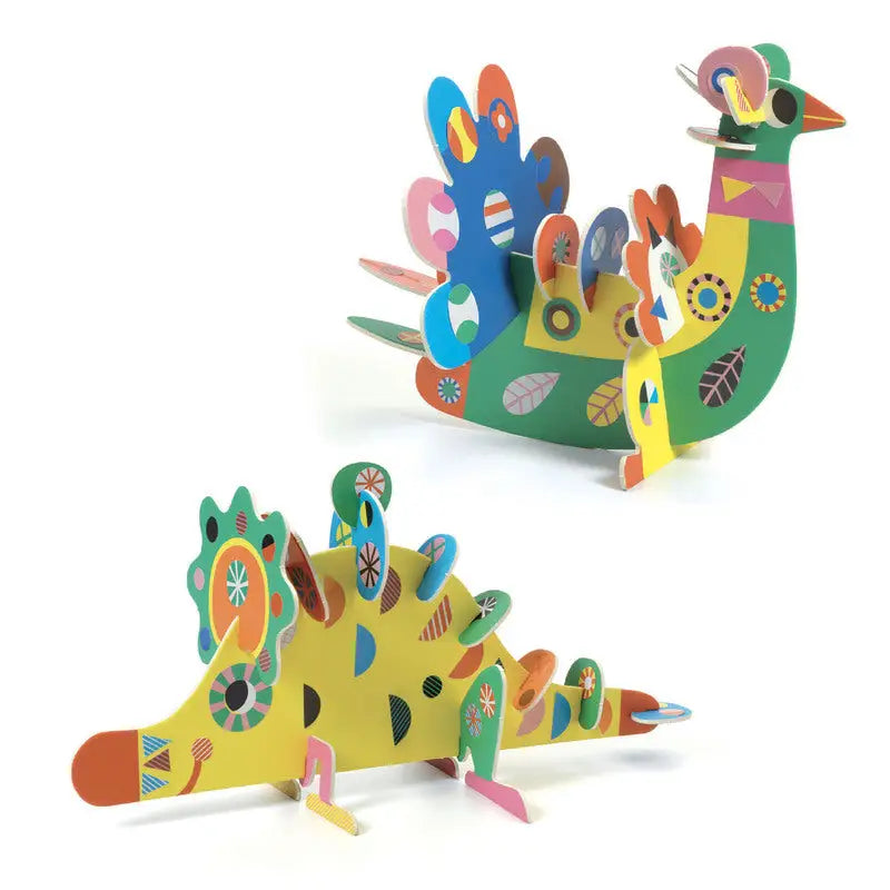 Colorful, whimsical cardboard cutout animals resembling a peacock and a dinosaur with abstract patterns and shapes.