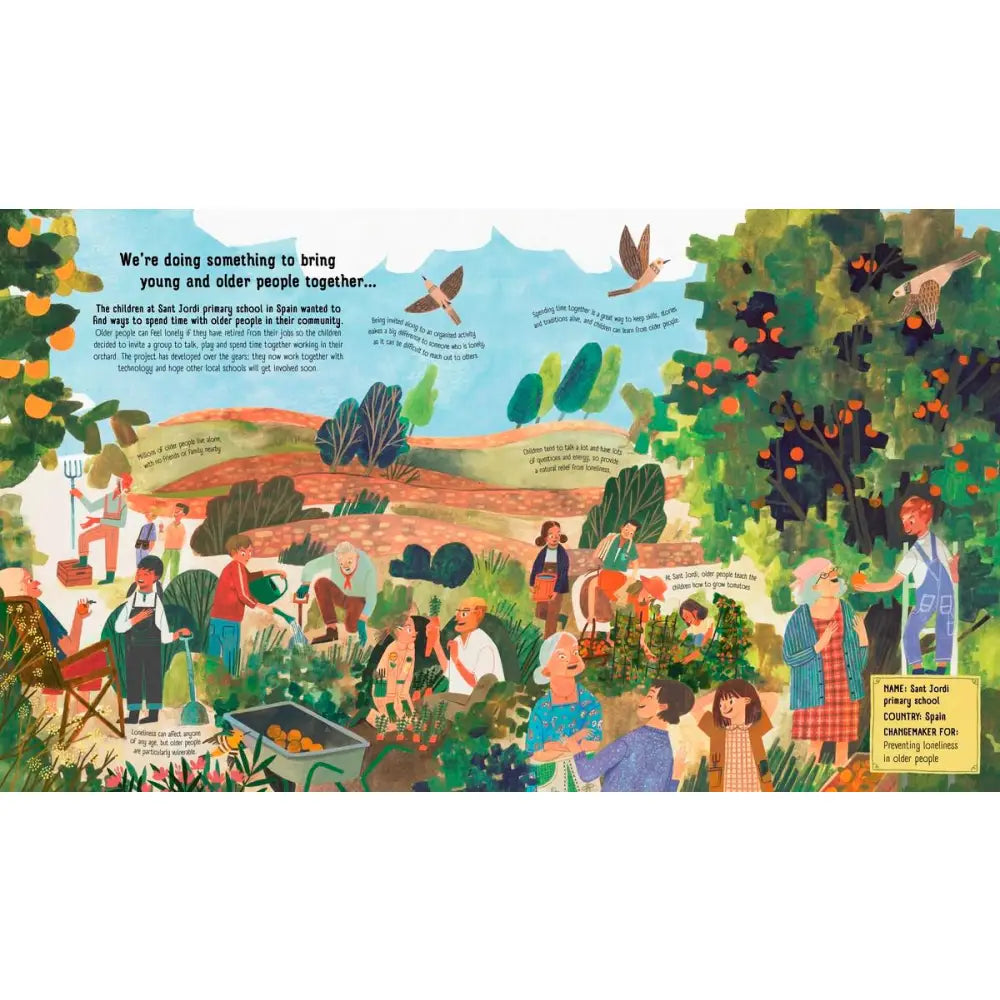 Colorful illustration depicting a community garden scene with people working together and various gardening activities.