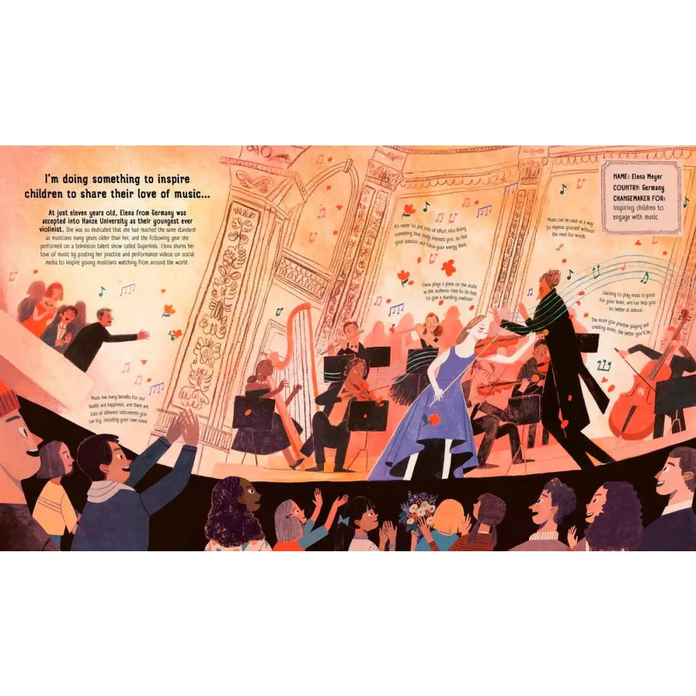 Illustration of an orchestra performing in a concert hall with musical notes and text overlaid.