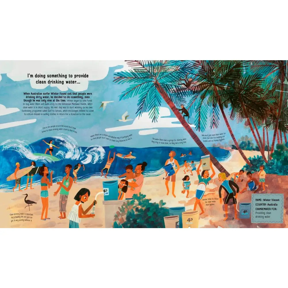 Colorful illustration of a busy beach scene with people surfing, swimming, and enjoying various activities under palm trees.