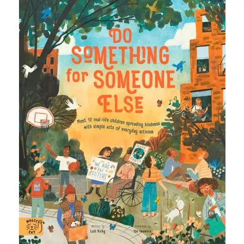 Book cover titled ’Do Something for Someone Else’ featuring colorful illustrations of people and urban scenes.