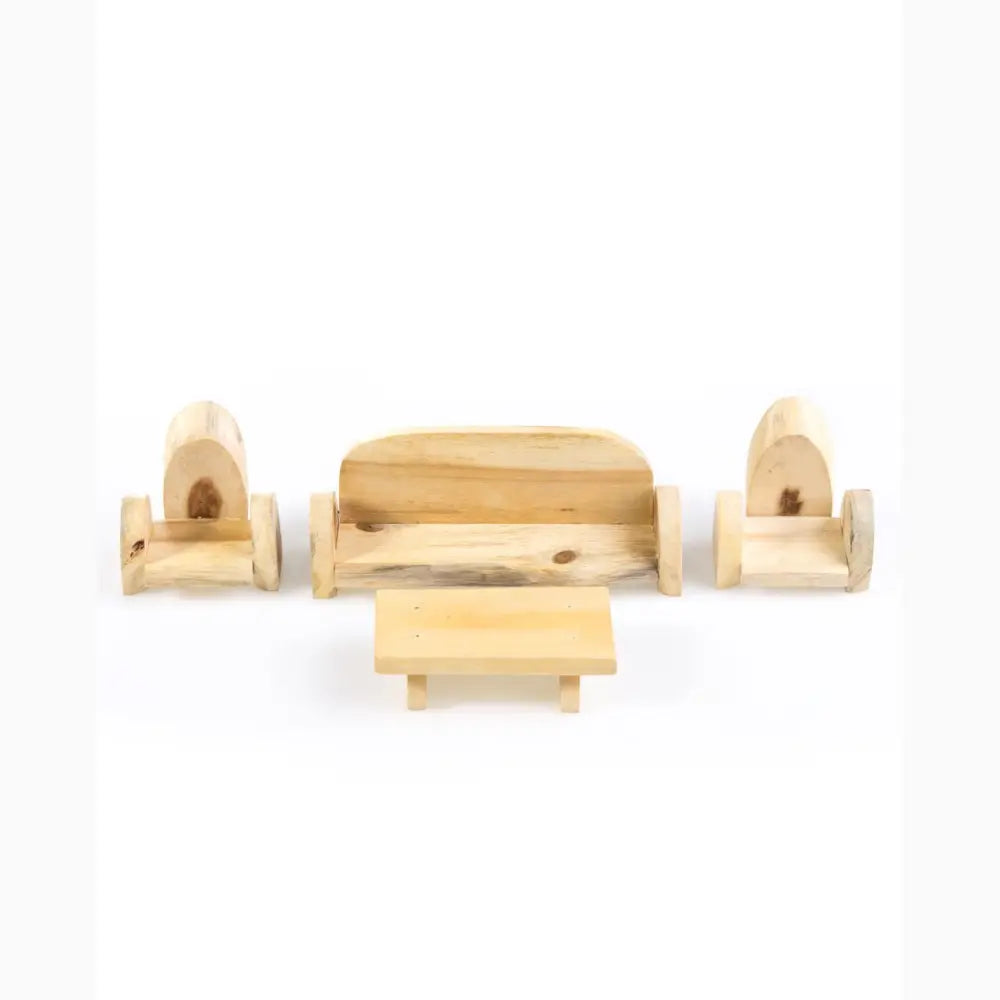 Miniature wooden furniture set including a couch, chairs, and table.