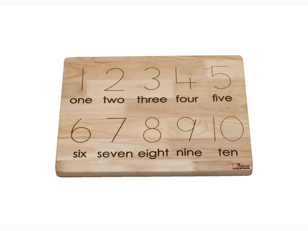Wooden number puzzle board with numerals 1-10 and corresponding words.