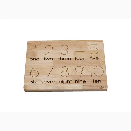 Wooden number puzzle board with numerals 1-10 and corresponding words.