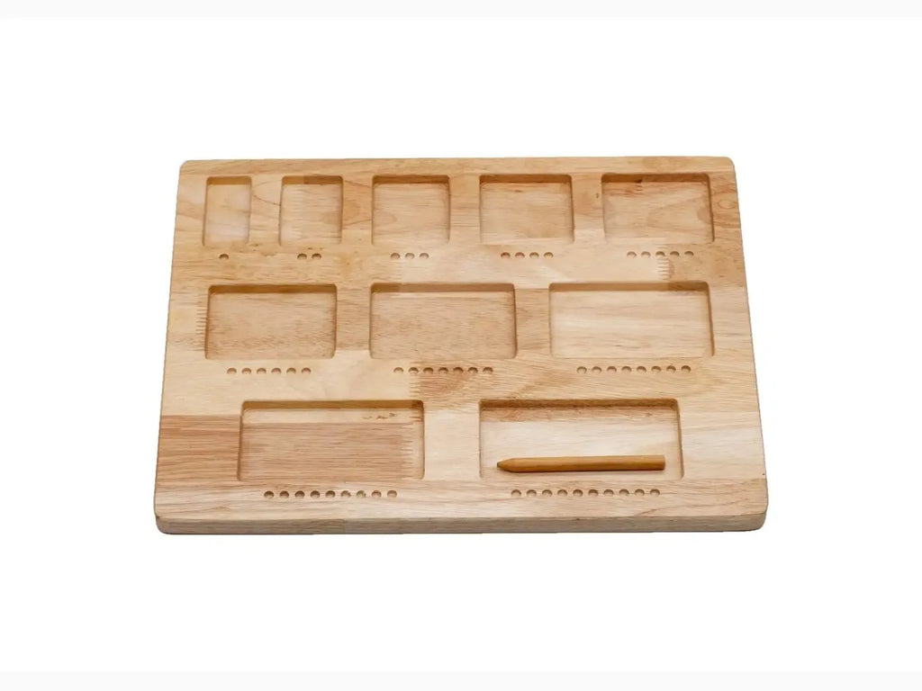 Wooden organizer tray with multiple rectangular compartments of varying sizes.