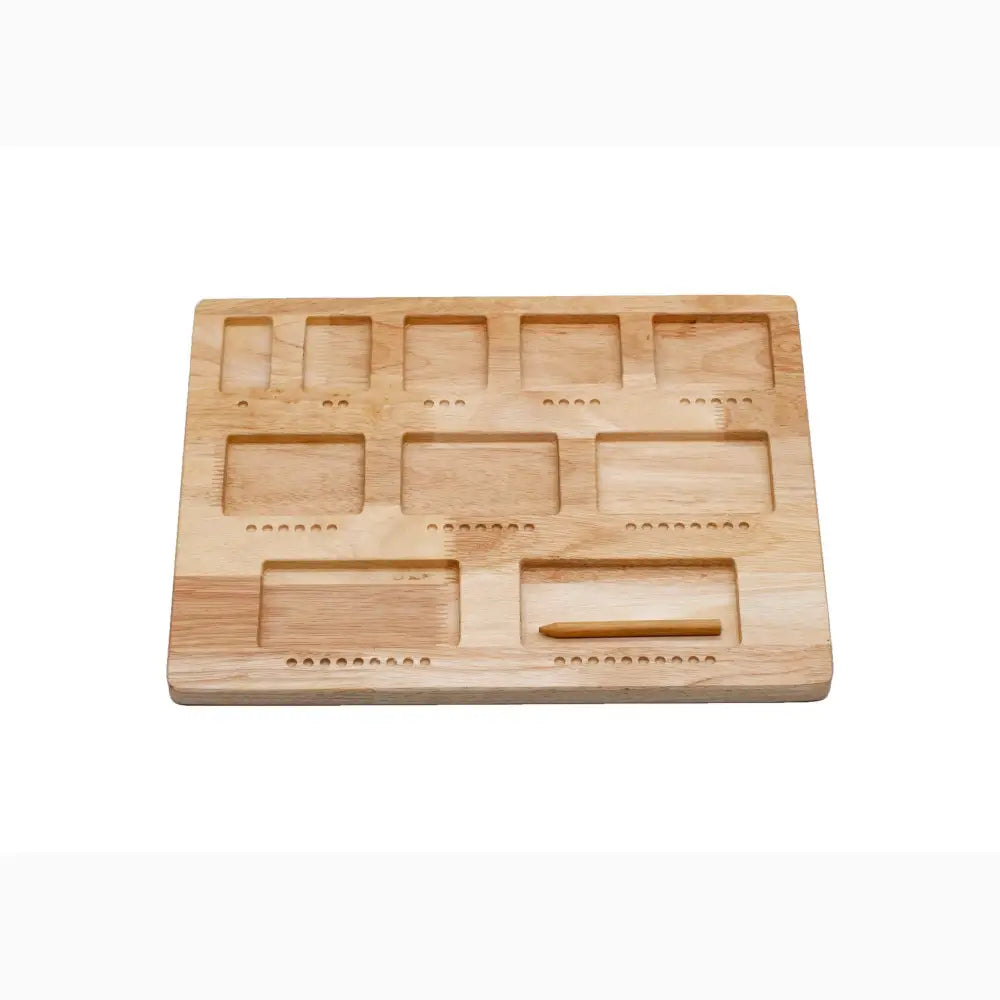 Wooden organizer tray with multiple rectangular compartments of varying sizes.