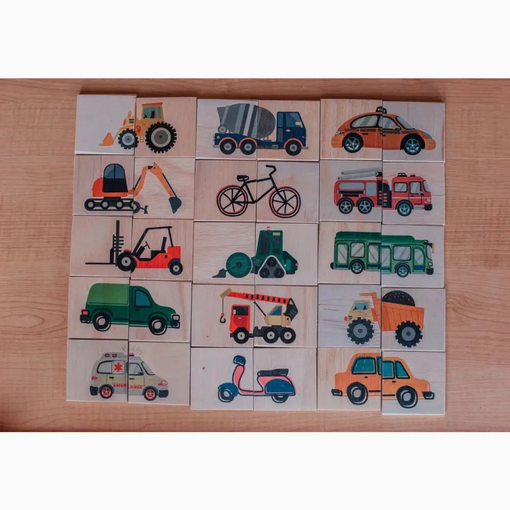Set of illustrated vehicle and transportation-themed tiles or cards arranged in a grid.