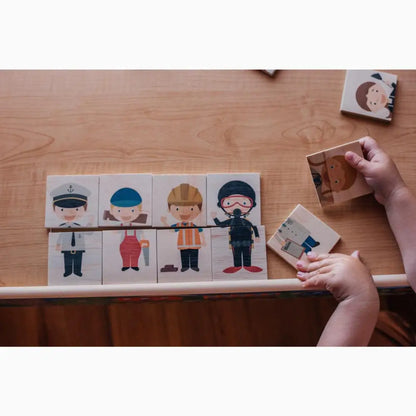 Wooden puzzle featuring cartoon occupations with interchangeable body parts.
