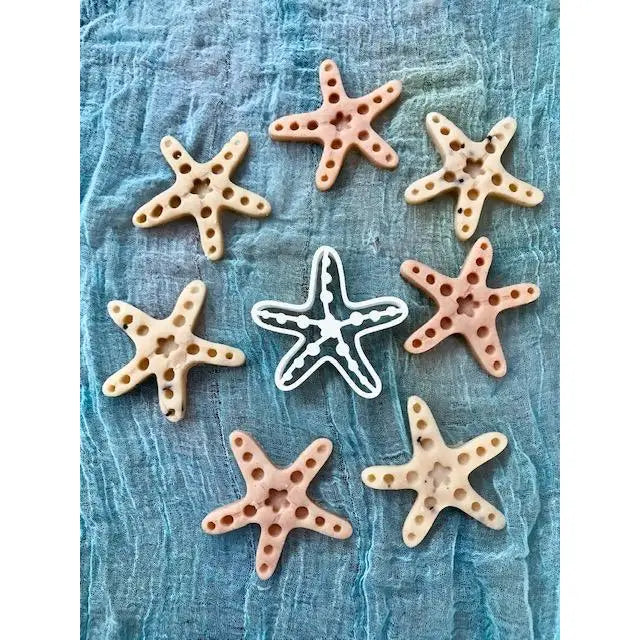 Collection of decorative ceramic starfish in various colors and designs.