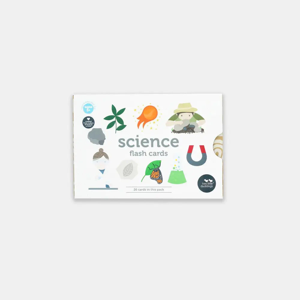 Set of science-themed flash cards featuring various illustrated icons and symbols.