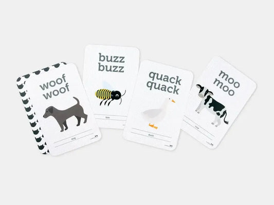 Set of illustrated animal sound flashcards featuring different creatures and their vocalizations.