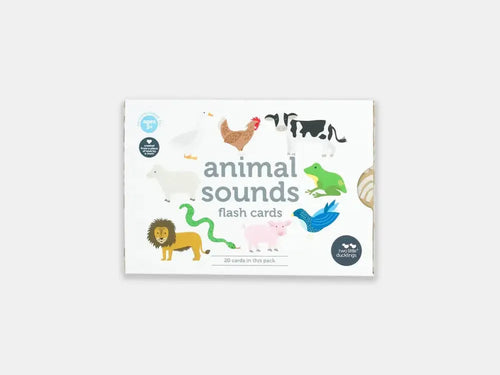 Set of ’animal sounds’ flash cards featuring colorful animal illustrations.