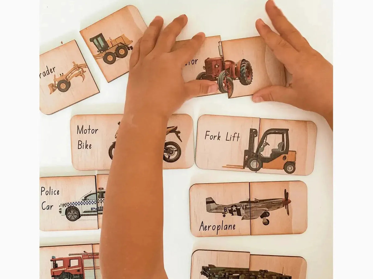 Set of illustrated flashcards depicting various vehicles and modes of transportation.