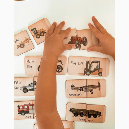 Set of illustrated flashcards depicting various vehicles and modes of transportation.