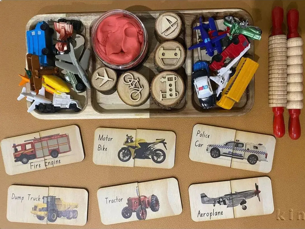 Collection of children’s toys and educational materials focused on vehicles and tools.